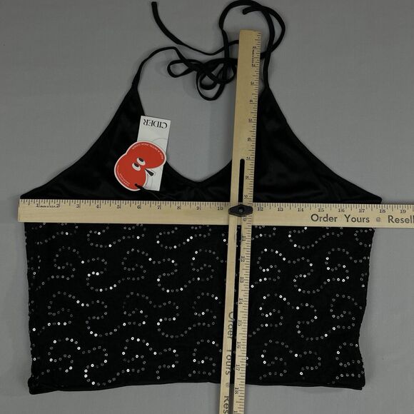 Cider Sequin Cropped Halter Top Women's XL Black Silver Rockerchic Punk Glamgoth - Picture 9 of 13